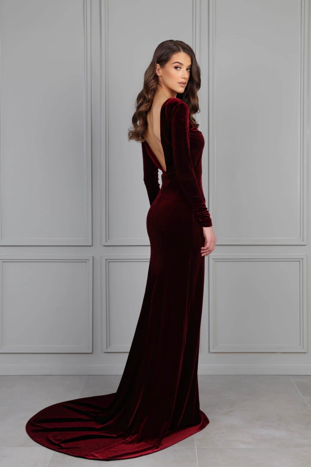 Burgundy Wedding Velvet Dress, Long Sleeve Elegant Bodycon Dress Backless Gown