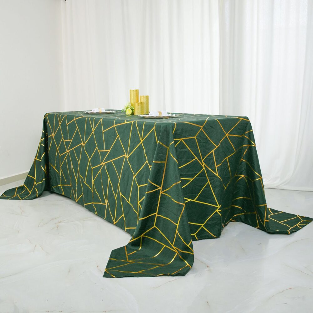 90"x156" Polyester Rectangle Tablecloth, Hunter Emerald Green Wedding Table Cloth With Gold Foil Geometric Pattern
