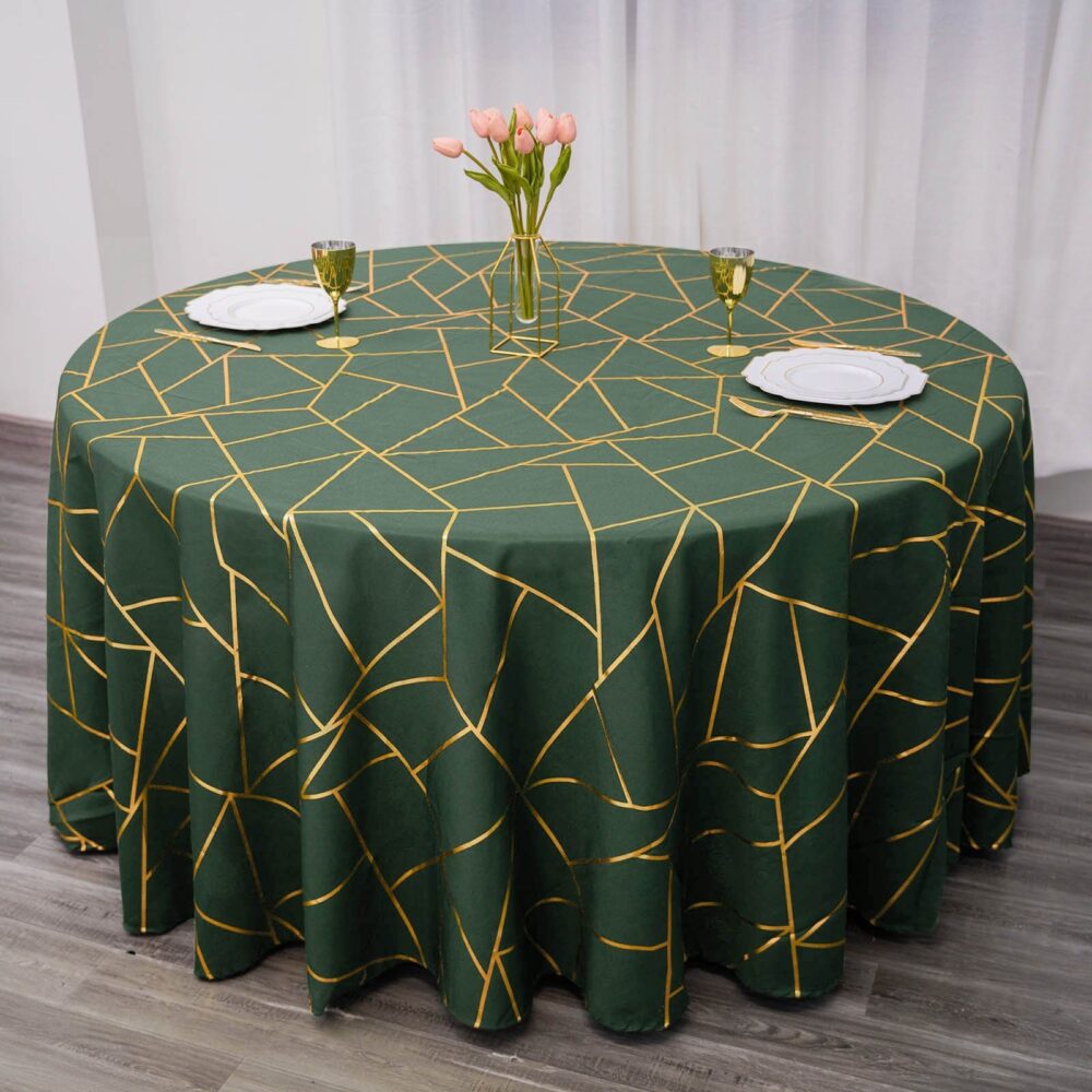 120" Round Polyester Tablecloth, Hunter Emerald Green Wedding Tablecloth With Gold Foil Geometric Pattern