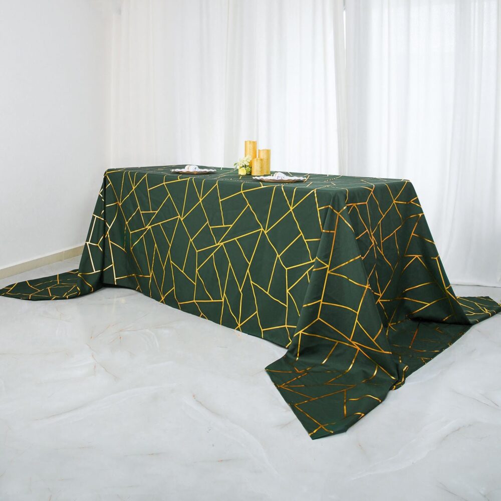 90"x132" Polyester Rectangle Tablecloth, Hunter Emerald Green Wedding Table Cloth With Gold Foil Geometric Pattern