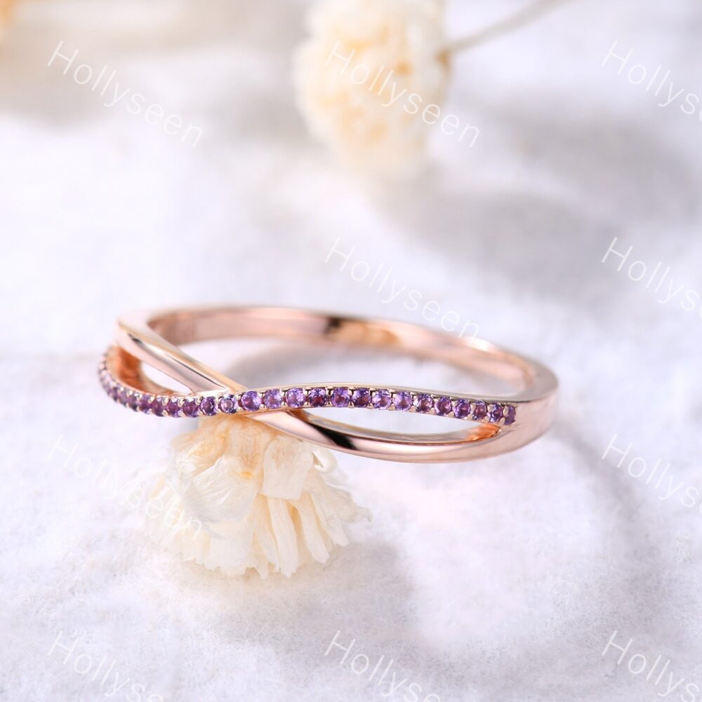 Amethyst Loop Wedding Band Rose Gold Engagement Ring Purple Birthstone Bridal Women Statement Anniversary Gift For Her