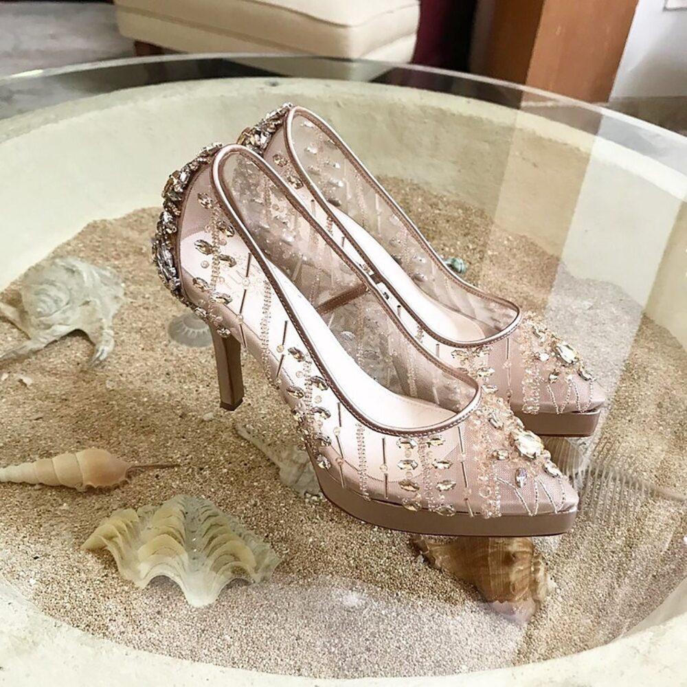 Champagne Rhinestone Beaded Wedding Stiletto Shoes, Crystal Glam Cinderella Shoe, Bridal Embroidery Elegant Pump Shoe Kitten Heels