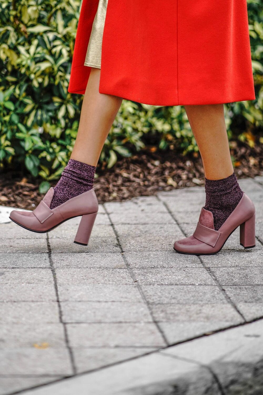 Handmade Pink Leather Loafer Shoes, High Heel Suede Pumps, Fashion Booties For Women, Round Toe Shoes