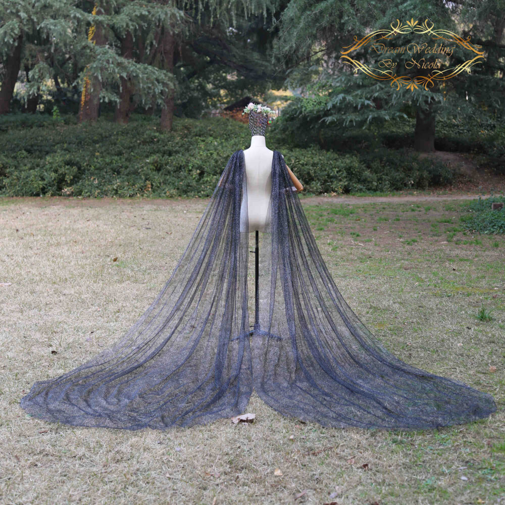 Glitter Cathedral Wedding Veil Cape Sparkle Bridal Wing, Silver Black Champagne