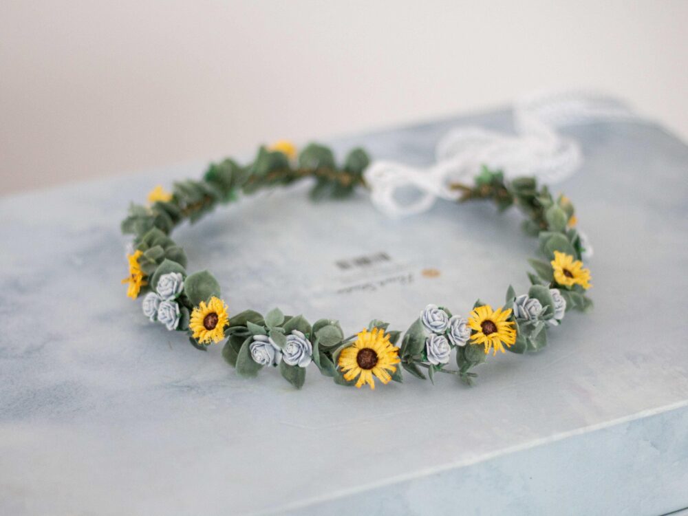 Sunflower Head Wreath Wedding, Sunflower Flower Crown Headpiece Festival, Eucalyptus Hair Piece, Bride Bridesmaid Girl Halo Headband