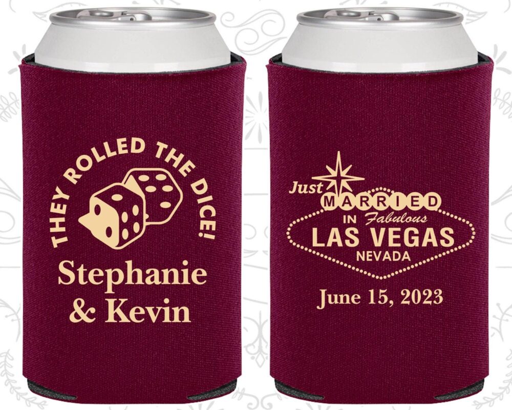 Vegas Wedding Favors, Keepsake, Just Married Gifts, They Rolled The Dice, Las Sign, Can Coolers | 655