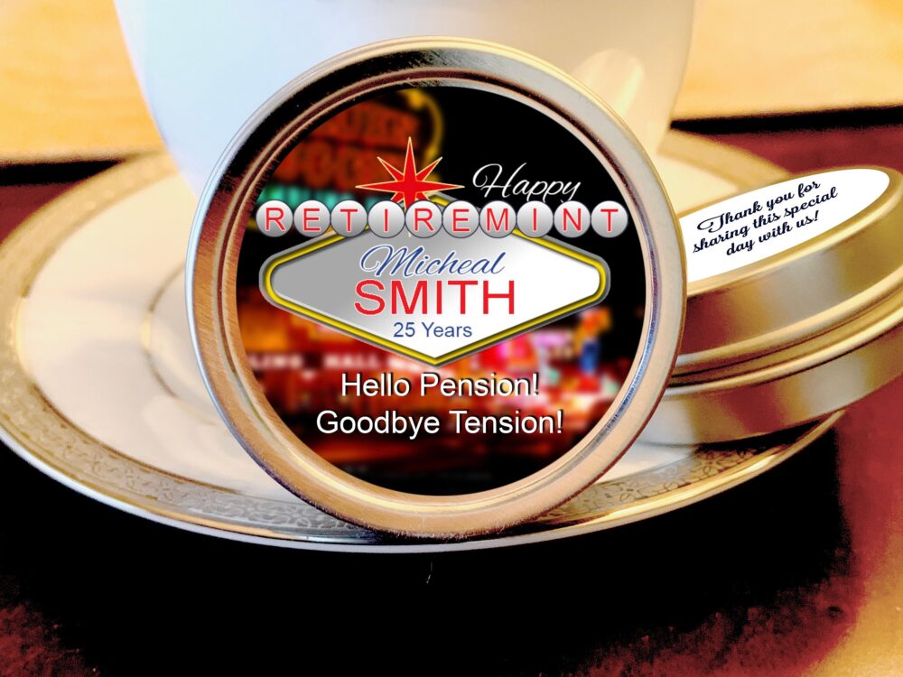 Mint Tin Retirement Favors | Retired in Las Vegas Custom Text, Fonts & Colors Choose From Empty, Candy Or Mints