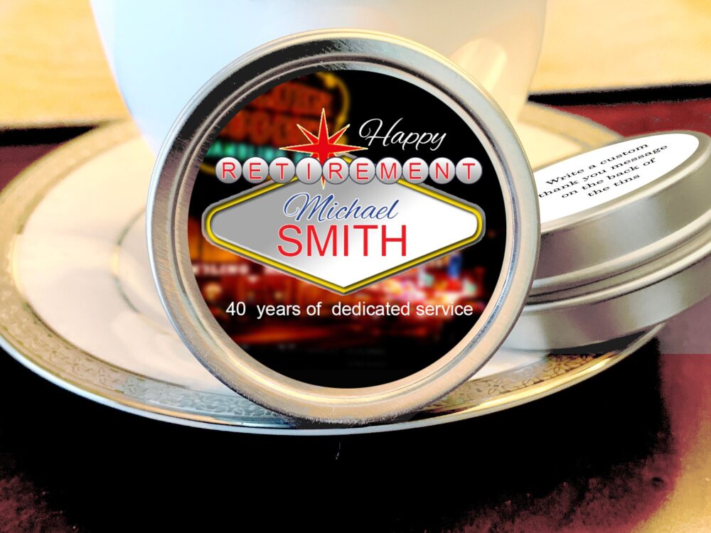 Mint Tin Retirement Favors | Retire Mints Las Vegas Custom Text, Fonts & Colors Choose From Empty, Candy Or