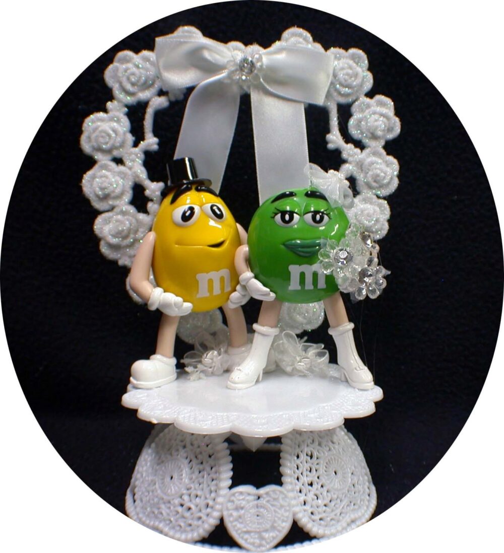 Wedding Cake Topper With Cute Mr Yellow, Red Or Blue & Mrs Greenmm Figure M&m Candy Funny