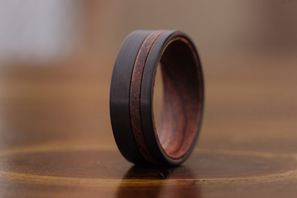 Mens Wood Wedding Band Ring - Brushed Black Band, Titanum Inlay 8mm Unique Wooden Rings For Men