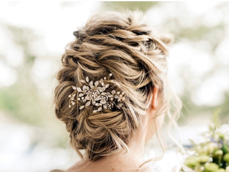 Gold Wedding Hair Comb Or Pin With Beautiful Flowers, Leaves & Rhinestone Accents, Silver & Rose
