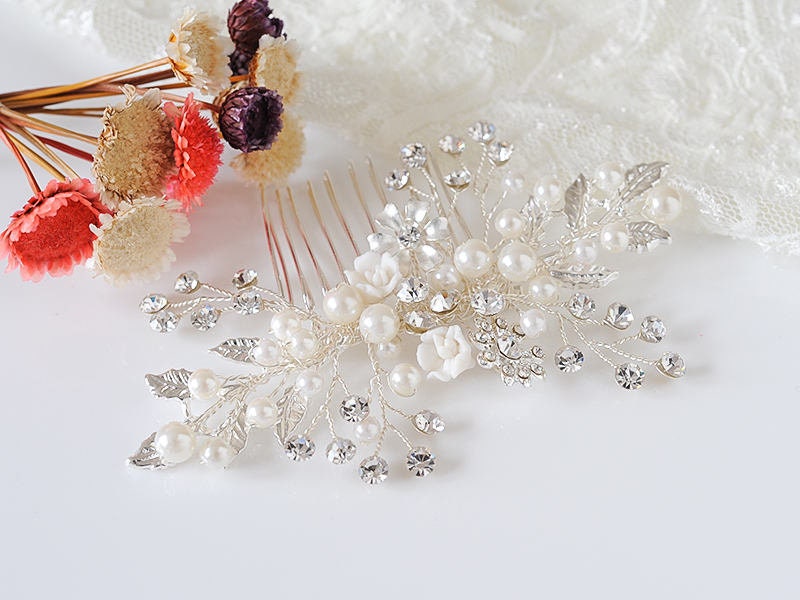 Wedding Hair Comb, Bridal Pin, Boho Vine, Crystal Flower Leaf Pearl Accessories, Jewelry, Bonita