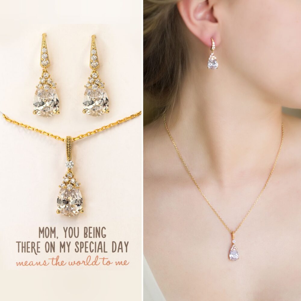 Wedding Gift, Mother Of Bride Groom Dangle Earrings, Crystal Necklace, Jewelry Set