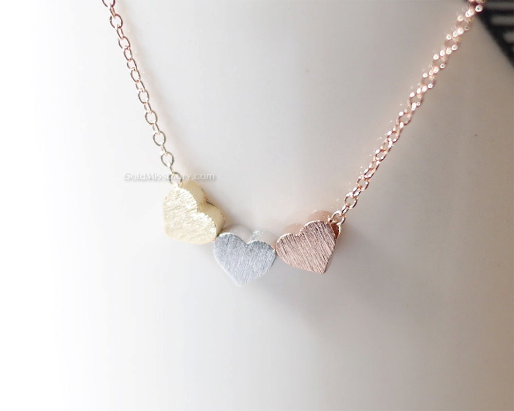 Tiny 3 Hearts Necklace, Three Gold, Silver, Rose Gold On Chain.daint, Simple, Birthday, Wedding, Bridesmaid