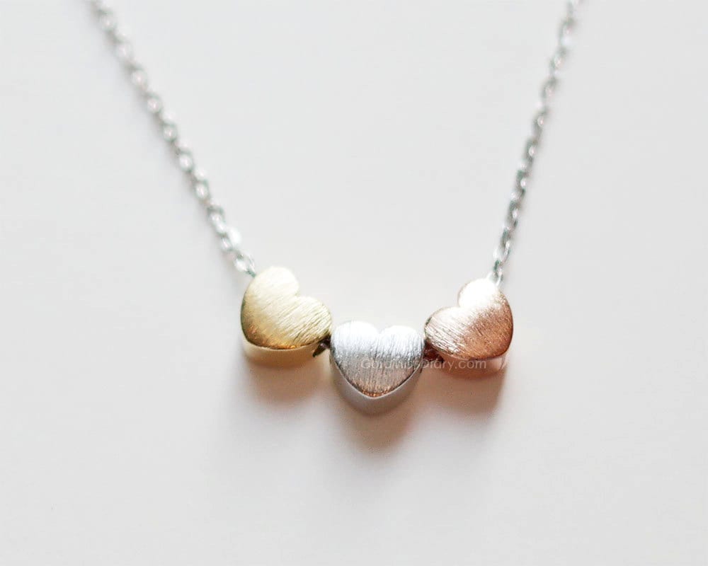 Dainty 3 Hearts Necklace, Three Gold, Silver, Rose Heart Wedding Gifts, Bridesmaid Birthday Gift Ideas