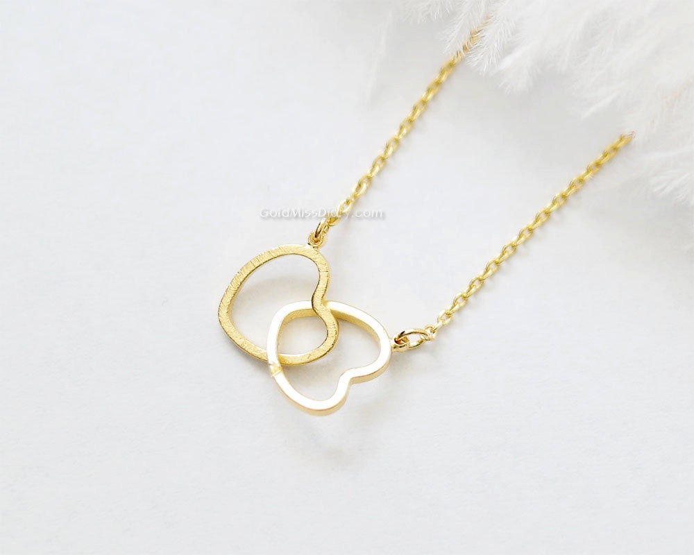 Two Hearts Necklace in Gold, Double Necklace, Gold Entwined Hearts, Filled Chain, Twin Dainty, Wedding Gifts