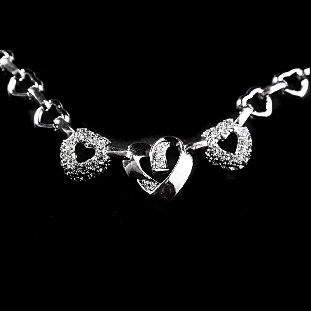 Clear Rhinestone Necklace, Triple Heart, Heart Chain, Silver Tone, Spring Ring Closure, Wedding Holiday Necklace