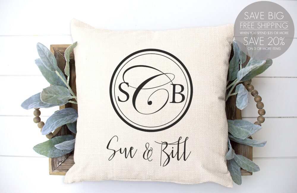 Circle Monogram, Monogram Pillow, Wedding Gift, Linen Personalized Monogrammed Engagement Gift