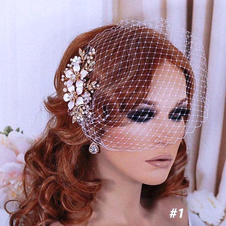 Bridal Wedding Birdcage Veil Bird Cage Veils Hair Hairpiece Floral Rose Gold Accessory Jewelry Headpiece Head Piece Short Blusher Comb Clip