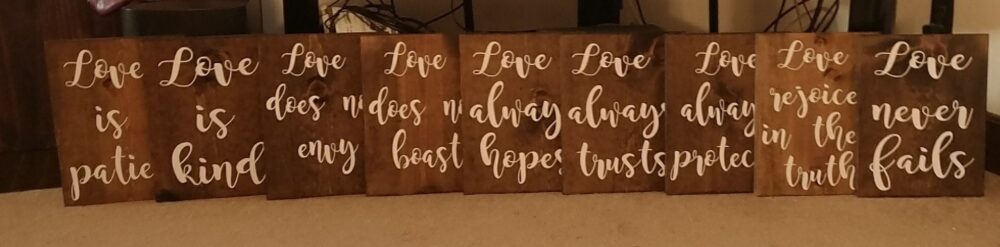 1 Corinthians 13 Rustic Aisle Wedding Signs - 9 Boards - Size 9x12, Love Is Patient, Kind, Never Fails