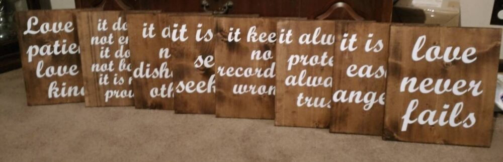 1 Corinthians 13 Rustic Wedding Aisle Signs, 8 Boards - Size 12x13, Love Is Patient, Love Kind, Never Fails