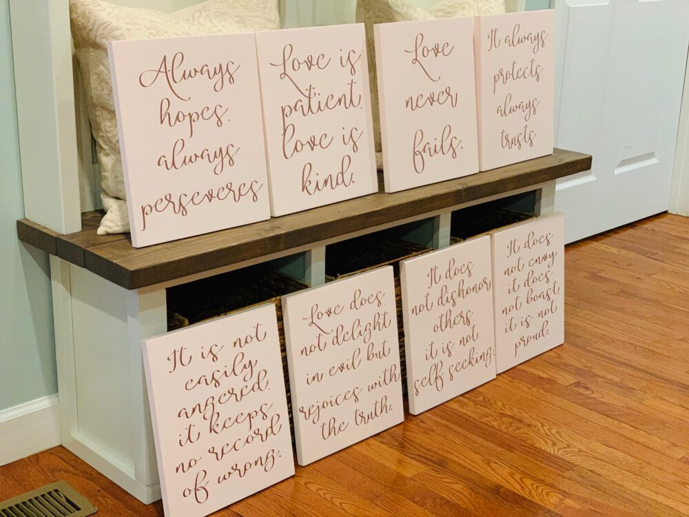 Blush Wedding Aisle Signs 1 Corinthians 13, Love Is Patient | Set Of 8