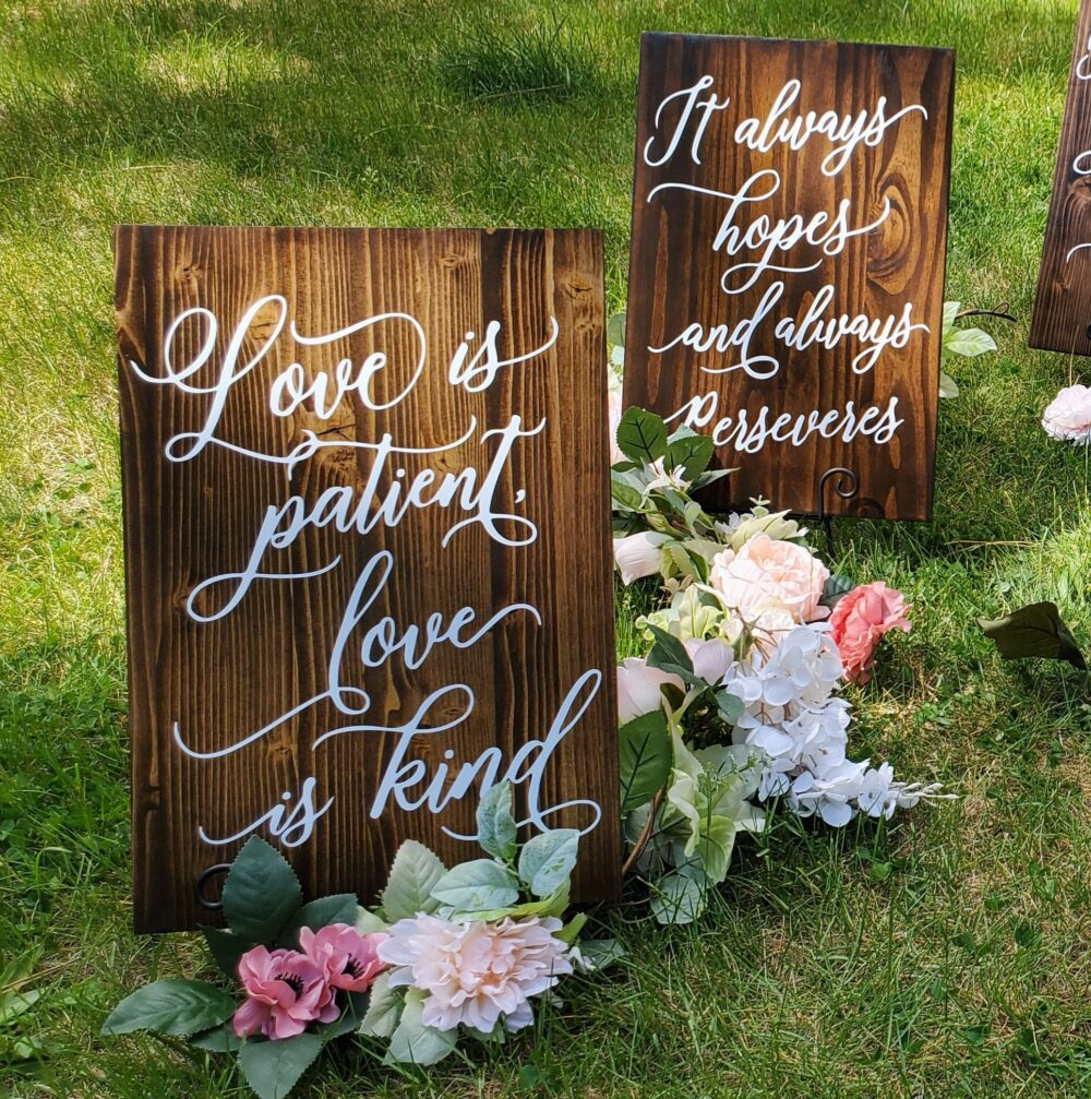 Wedding Aisle Signs Corinthians 134-8 -Wedding Decor-Wedding Bible Scripture Signs-Love Is Patient Love Kind Rustic