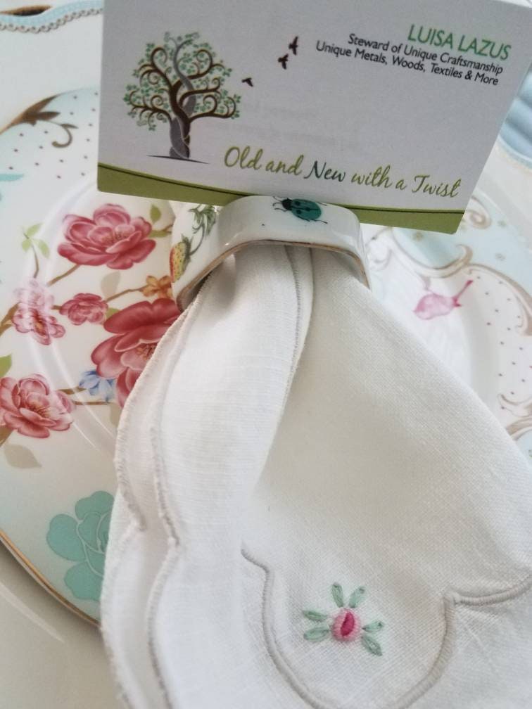 Unique Vtg Set Of 8 Or 4 Ardalt Japan Porcelain Hexagonal Napkin Rings With Name Card Slot, White Gold Rim, Butterfly & Beetles