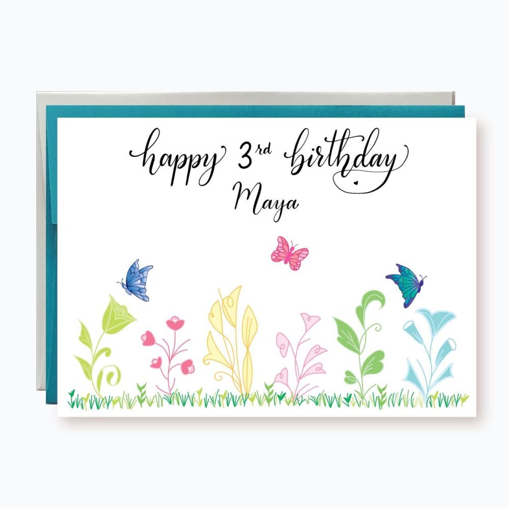 Personalized Butterfly Garden Birthday Card For Her, Pretty Floral Card, Cute Girl, Custom Name & Age
