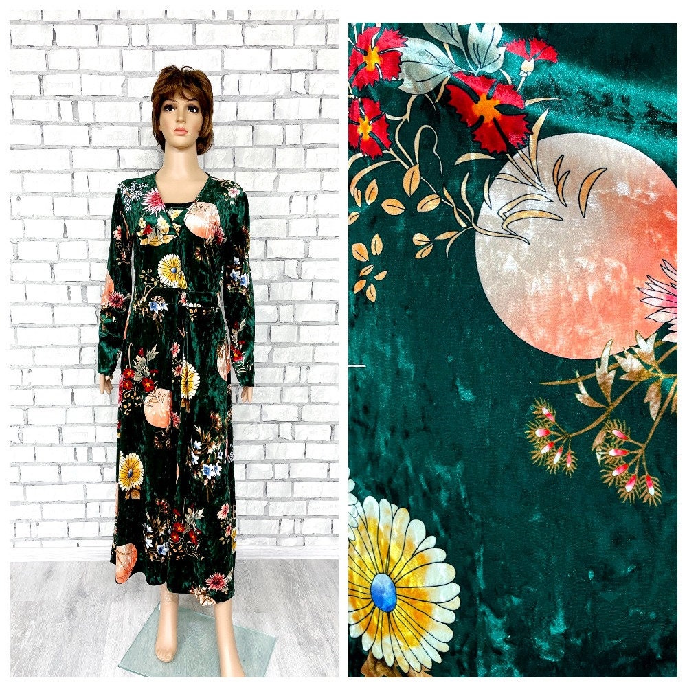 Teacher Gift Green Velvet Dress M Womens Floral Flower Dress Vintage Evening Japanese Event