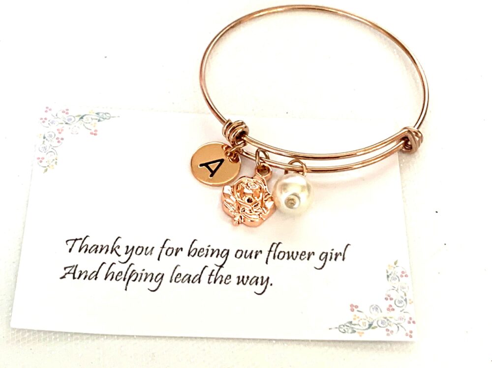 Rose Gold Flower Girl Bracelet, Bangle, Personalized Flower Gift, Jewelry, Little Child Bangle