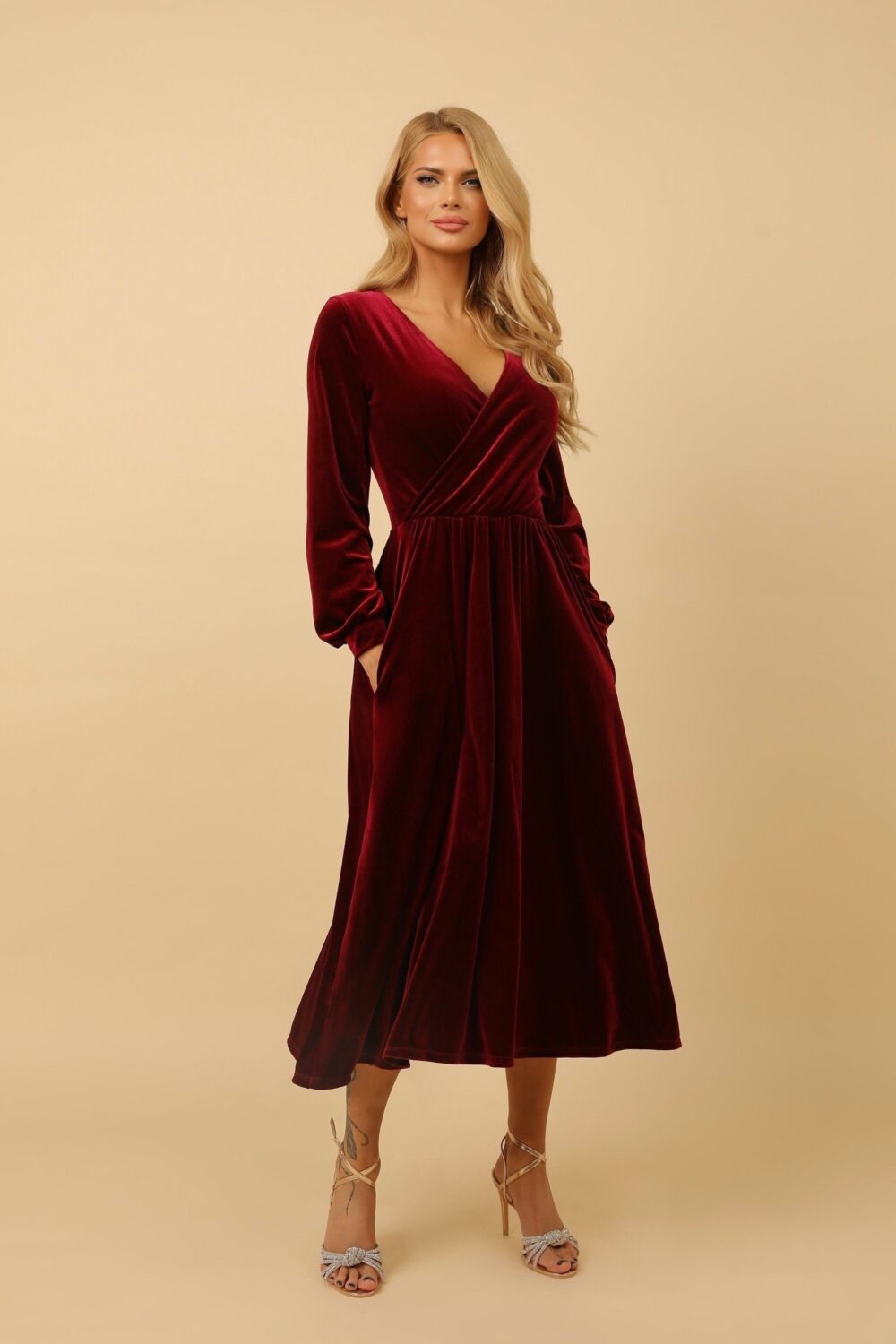 Burgundy Velvet Midi Dress, A-Line Long Sleeve Party Dress Bridesmaid