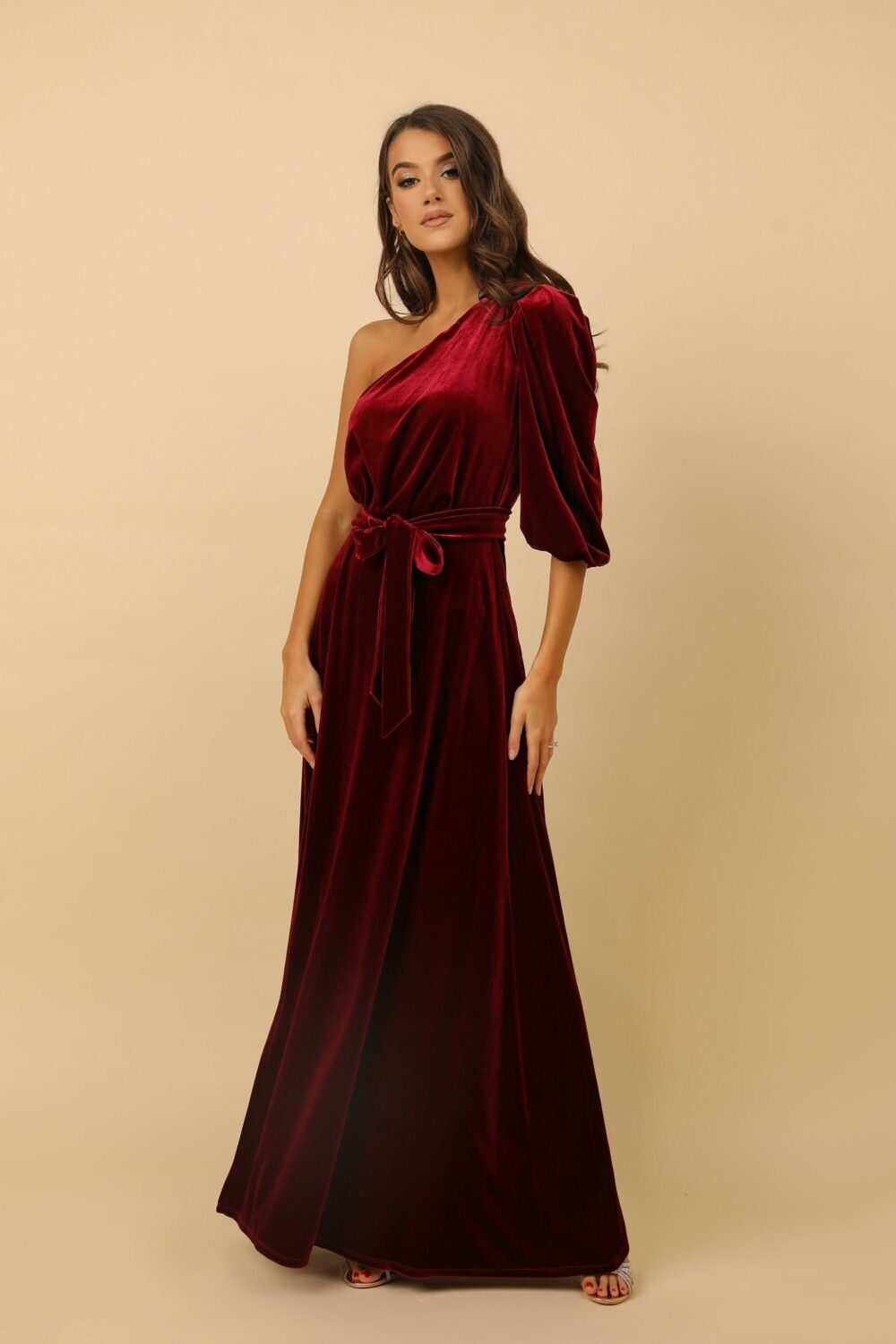 Burgundy Velvet Bridesmaid Dress, One Shoulder A-Line Maxi Gown