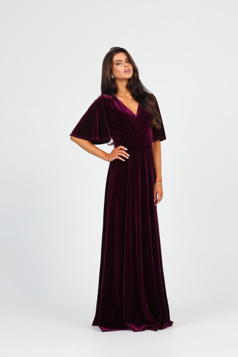 Purple Velvet Formal Gown, Wrap Neck A-Line Bridesmaid Dress
