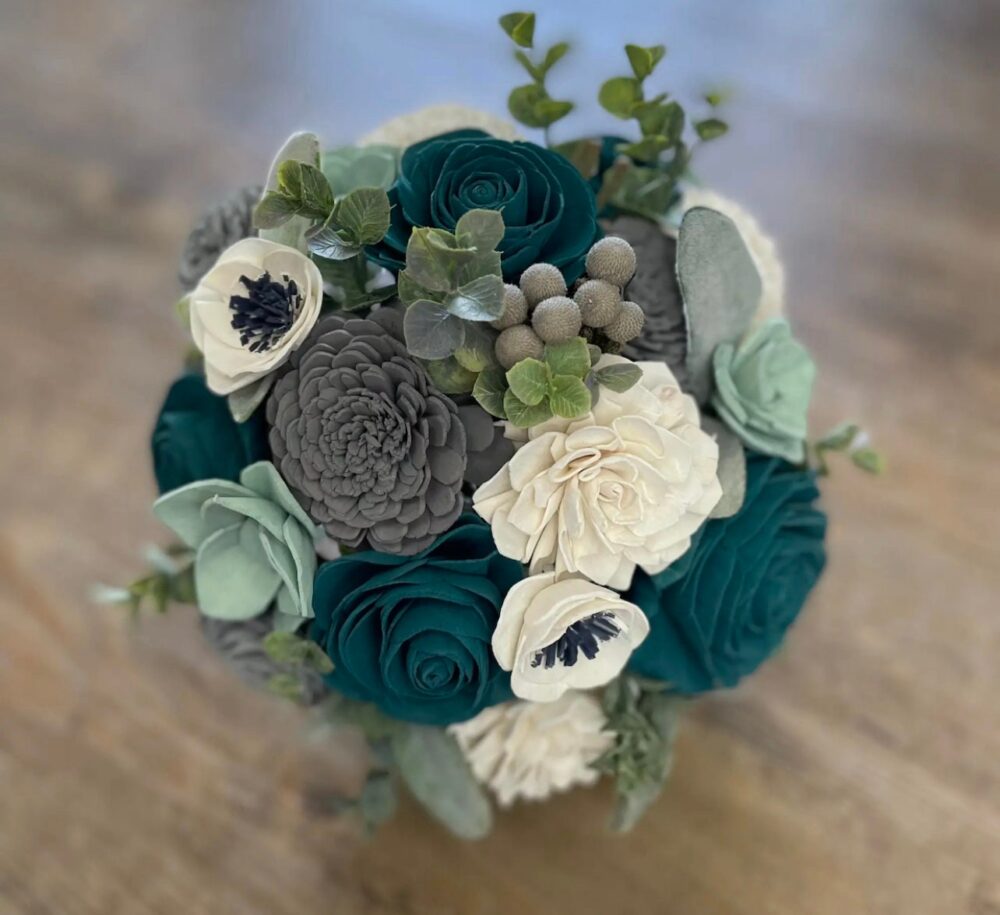 Teal, Grey & White Wedding Bouquet | Silver Brunia Sola Wood Flowers Teal & Gray Flower Bouquet Forever