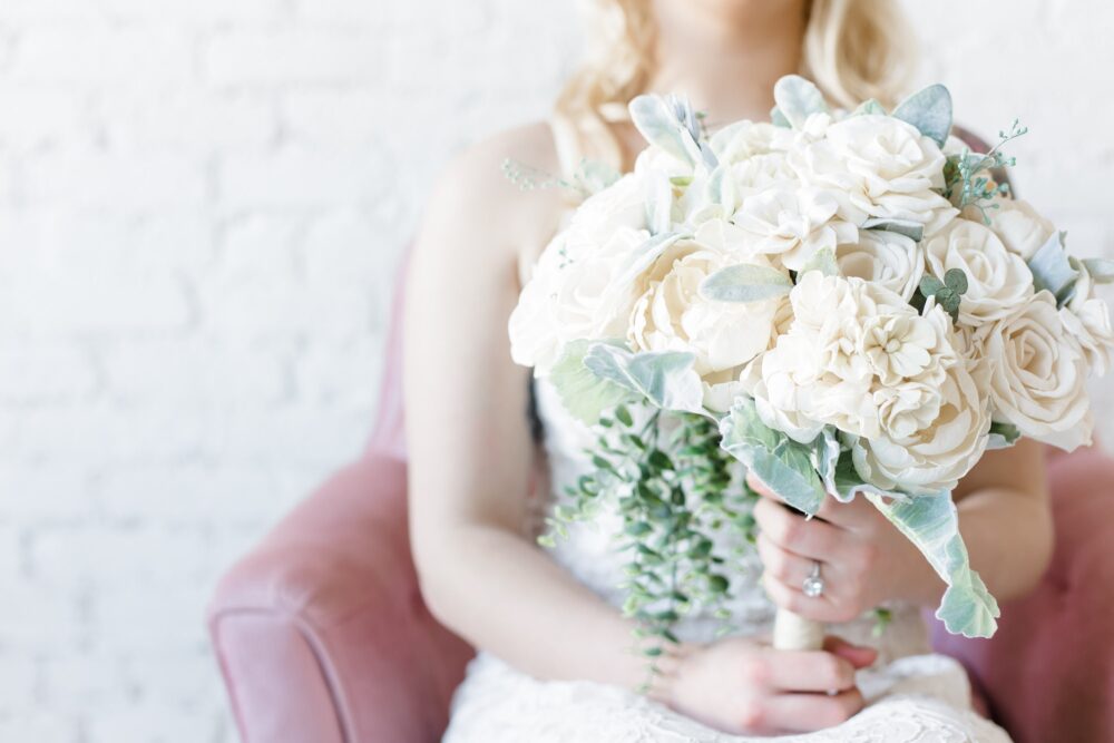 White & Green Sola Wood Flower Wedding Bouquet | Eco-Friendly Neutral Bridal Handcrafted Rustic & Modern Decor