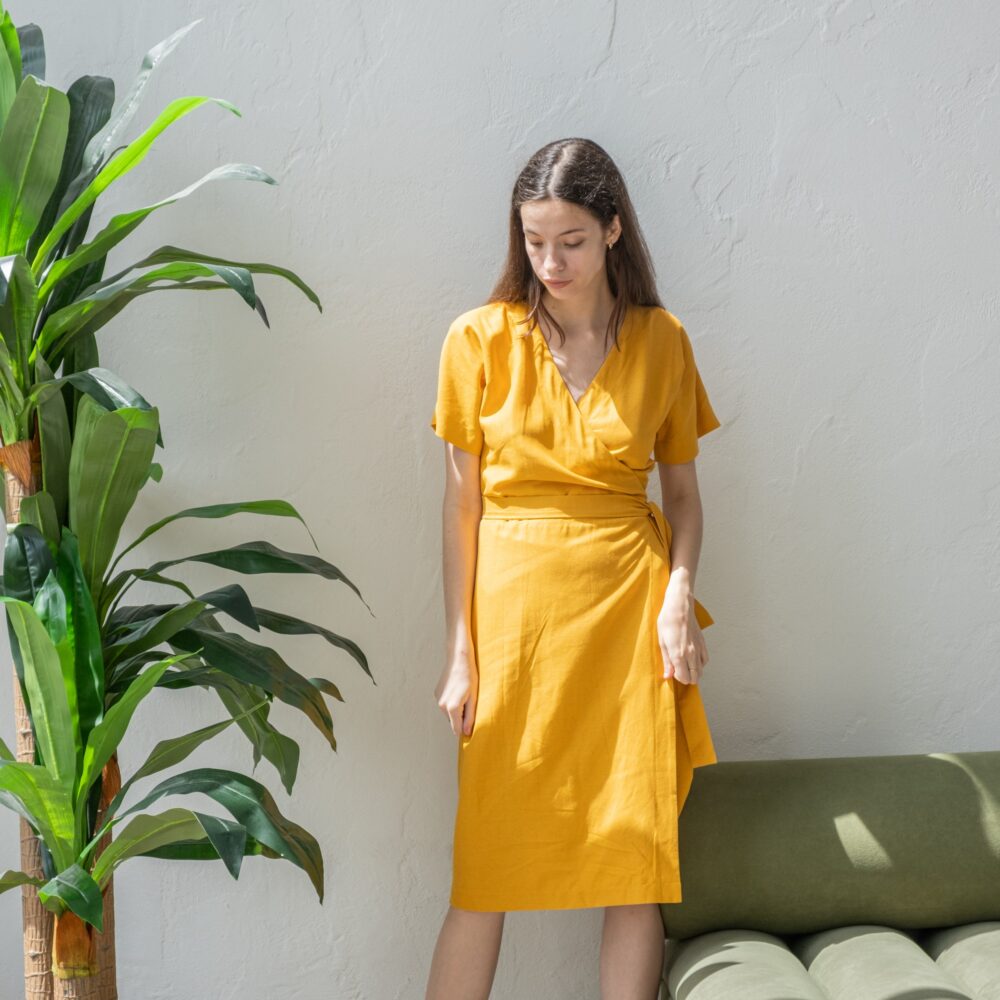 Linen Wrap Dress With Pockets, Short Sleeves, Kimono Dress, V Neck Kimono Dress, Wrap Plus Size