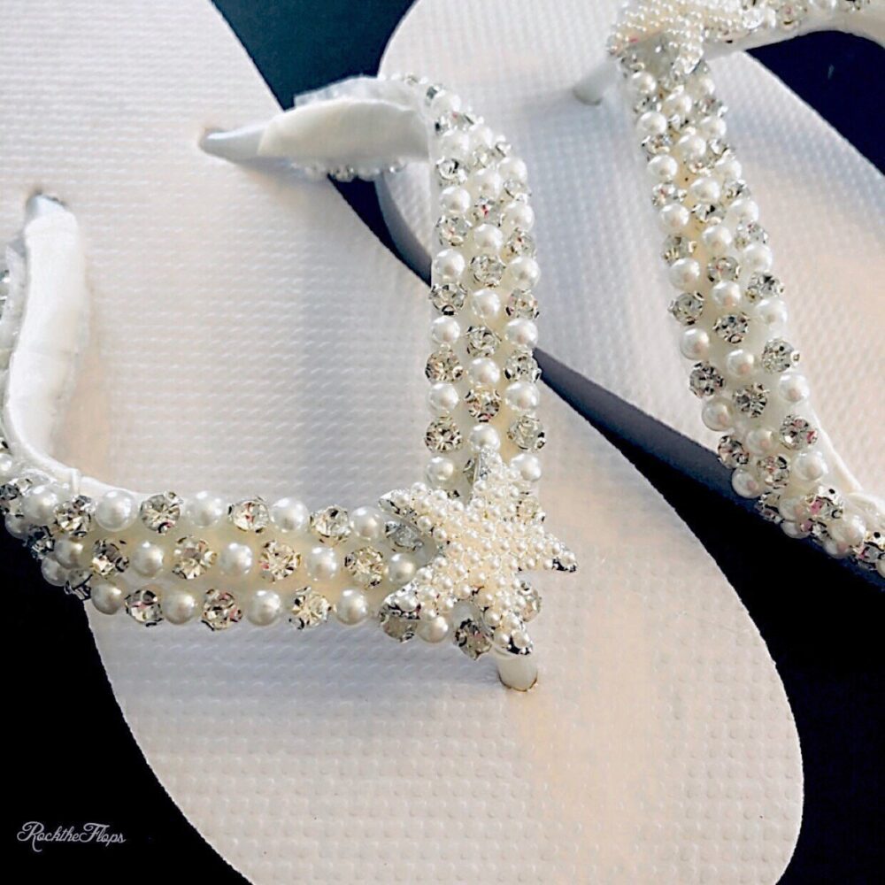 Beaded Bridal Flip Flops. Bling Beach Wedding Shoes. Starfish. Crystal Bridesmaids Rhinestone Sandals