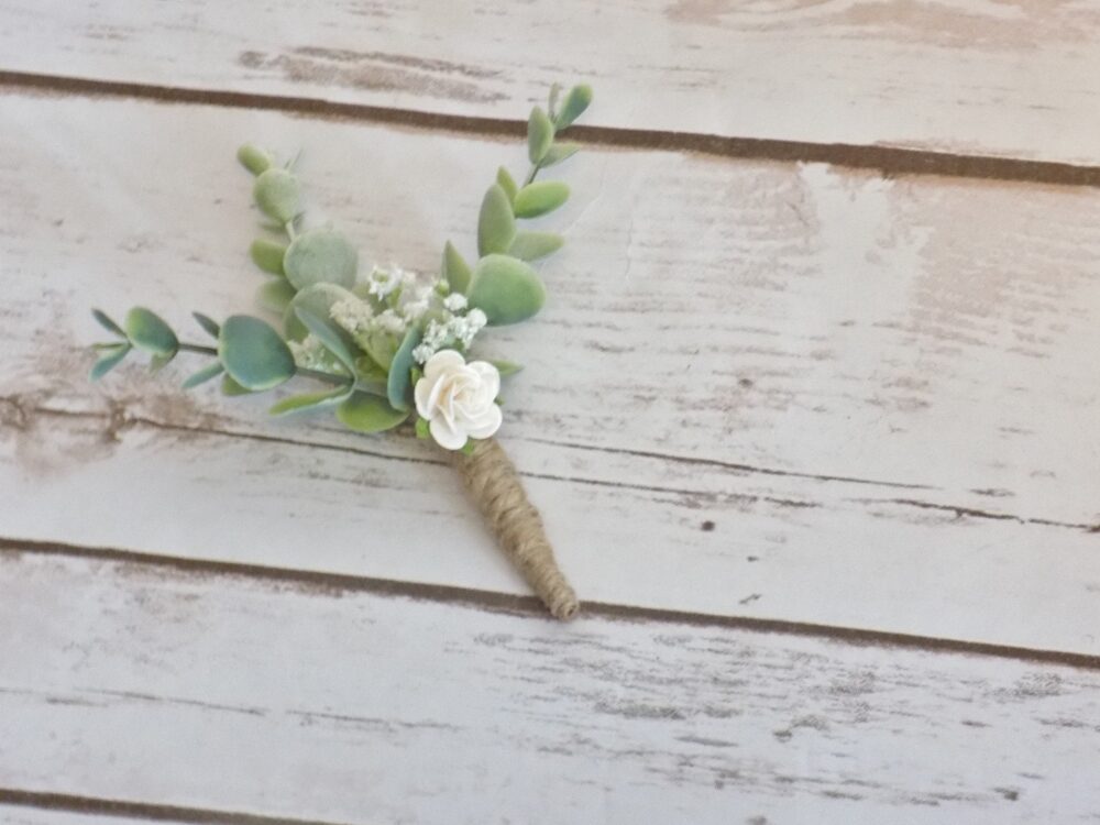 Eucalyptus & Babies Breath Wedding Boutonniere | White Rose Groomsmen Lapel Pin Rustic Greenery Boutonnieres Twine