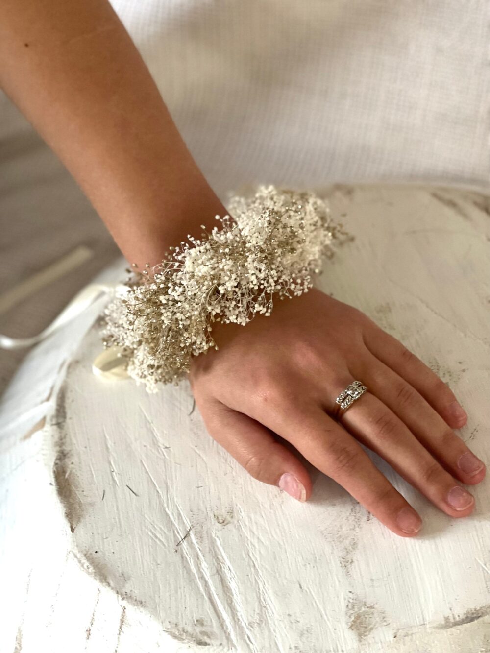 White Baby Breath Wrist Corsage-Wedding Corsage