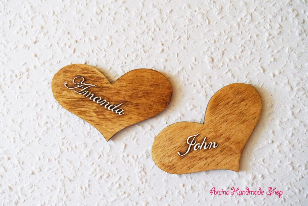 Rustic Wood Heart Wedding Name Tags Personalized Place Cards