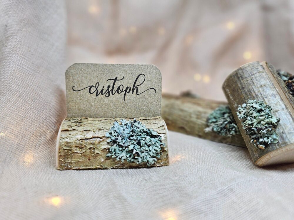 Lichen Moss Name Card Holder, Wedding Holders, Rustic Place Cards, Wooden Table Setting Natural