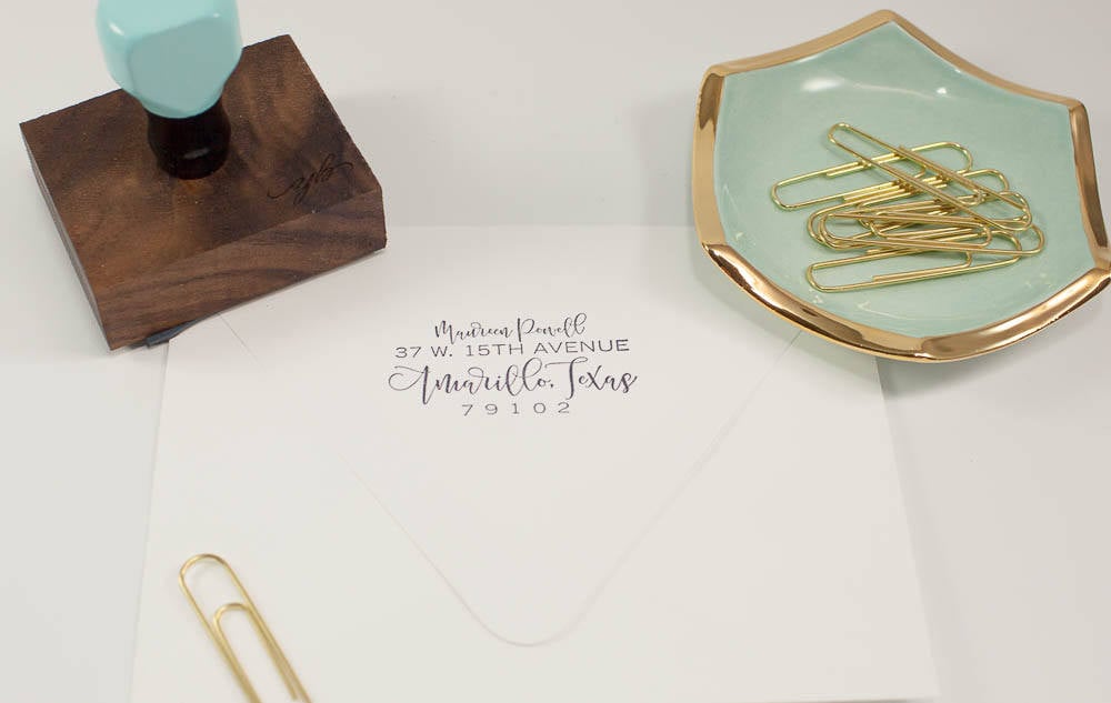 Modern Script Wedding Address Stamp Personalized Rubber Stamp, Painted Handle