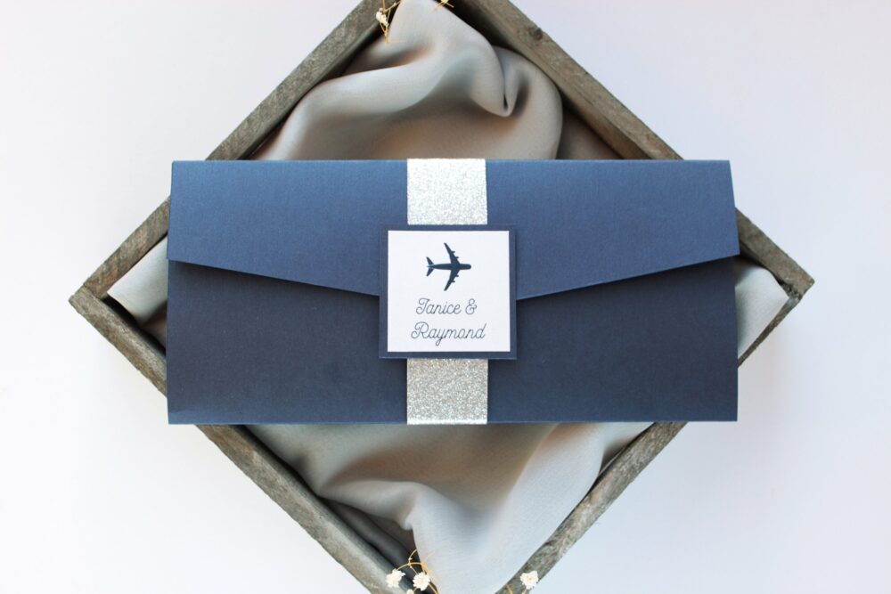 Destination Boarding Pass Wedding Invitation, Navy Blue Airplane Pocketfold Invitation