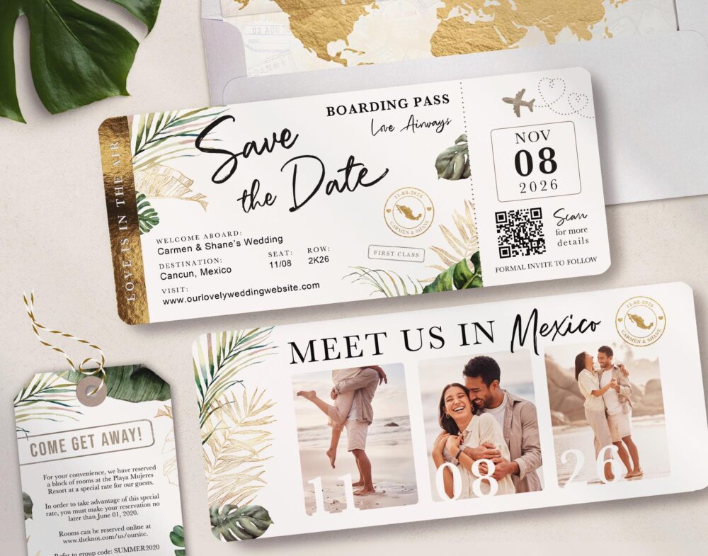 Destination Wedding Boarding Pass Save The Date Tropical Green Leaves Travel Theme 3 Photo Qr Code Real Gold Foil Available