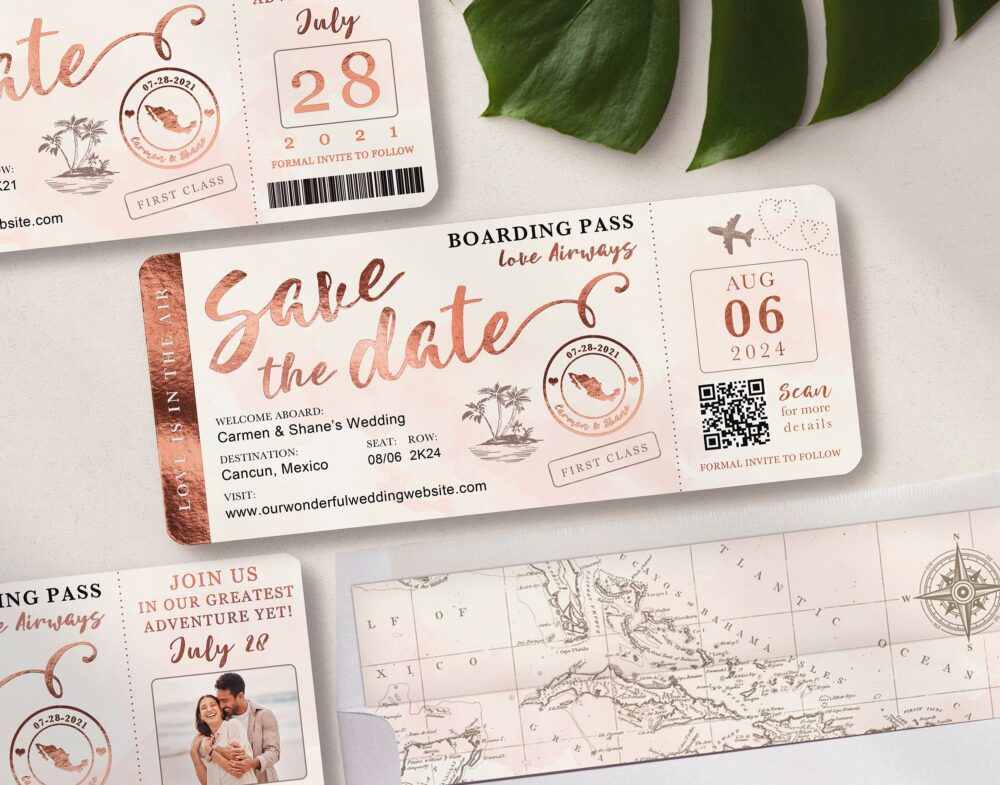 Destination Wedding Boarding Pass Save The Date Invitation in Rose Gold & Blush Watercolor Real Foil Available By Luckyladypaper