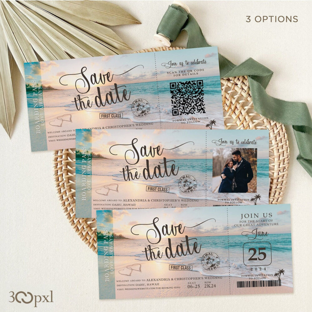 Beach Wedding Boarding Pass Save The Date Qr Code Invite