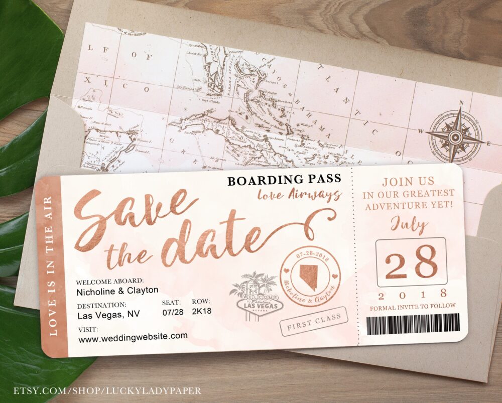 Vegas Wedding Boarding Pass Photo Save The Date Invitation in Rose Gold & Blush Watercolor By Luckyladypaper - See Item Details