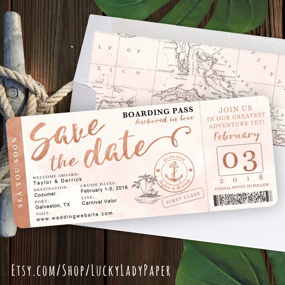 Destination Wedding Boarding Pass Save The Date Invitation in Rose Gold & Blush Watercolor Nautical Cruise Design By Luckyladypaper