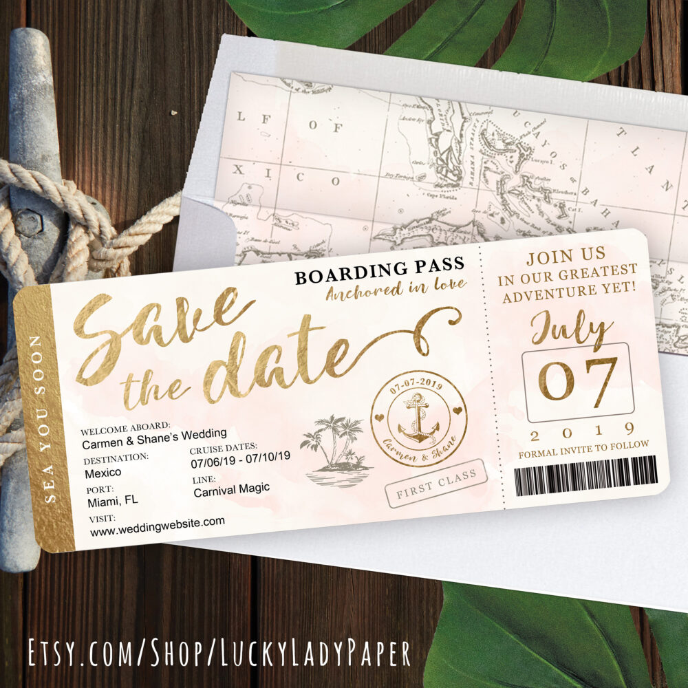 Destination Wedding Boarding Pass Save The Date Invitation in Gold & Blush Watercolor Nautical Cruise Design By Luckyladypaper